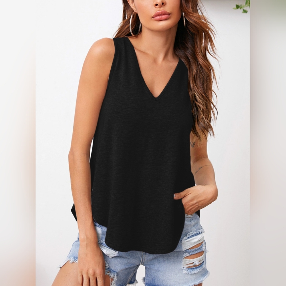 Black Sleeveless Tank Top with V-Neck
